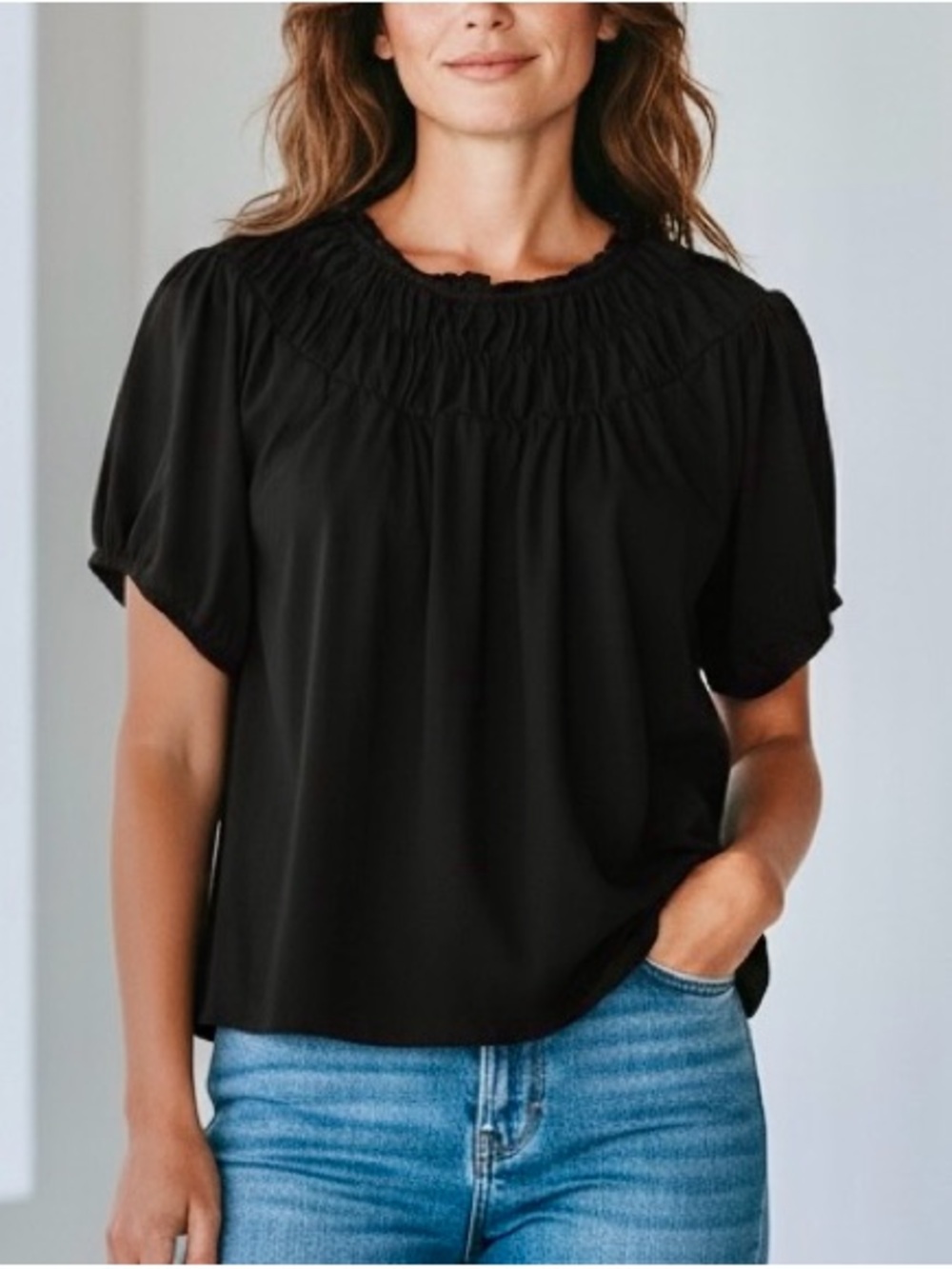 J. Crew Black Smocked Neck Short Sleeve Blouse Women’s Medium Casual, Grunge,